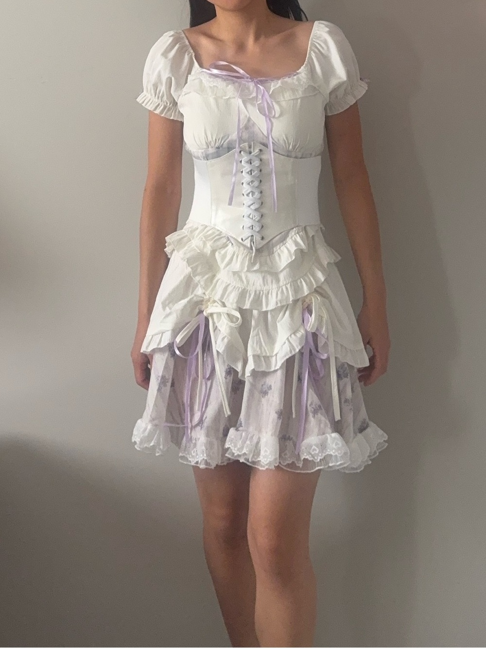 White and Lavender crochet lace ruffle trim 2 piece set. *belt not included*